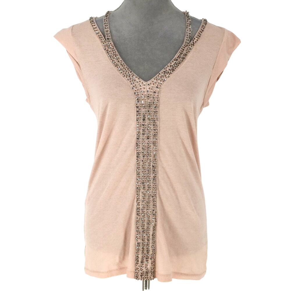Loft Top Womens Medium Pale Pink Blouse Rhinestones Stretch Knit T-shirt Coastal